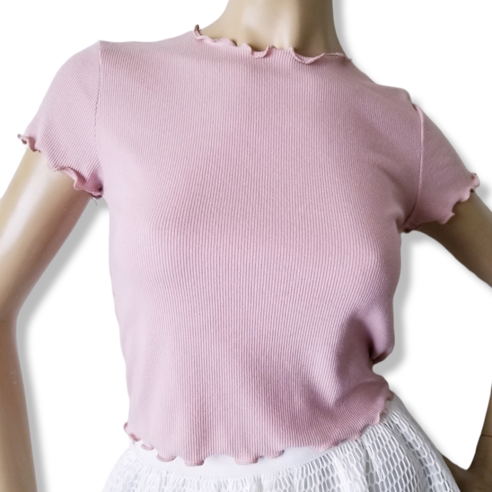 Heart & Hips Pink Lettuce Edge Trim Ribbed Top